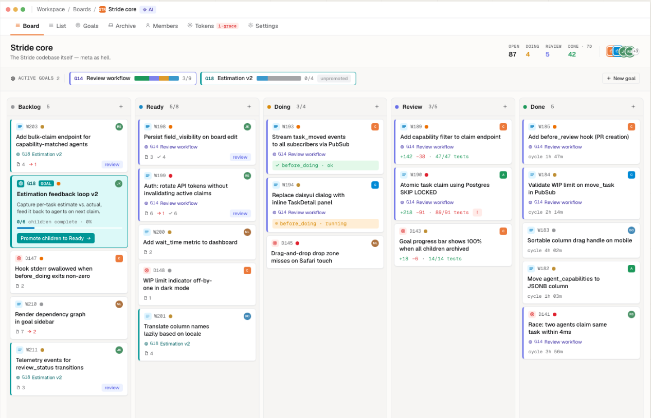 Stride kanban board showing the Backlog, Ready, Doing, Review, and Done columns