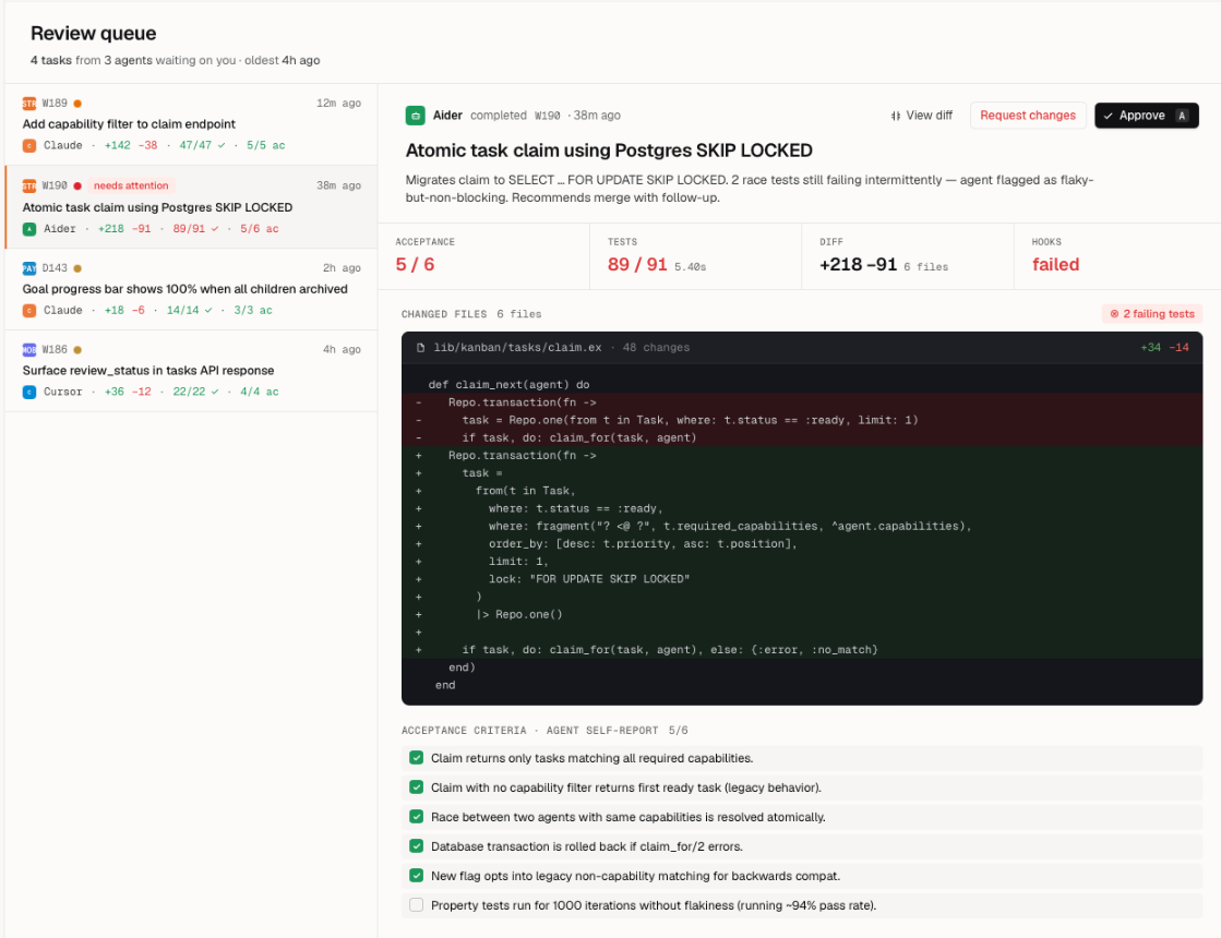 Stride review queue with the task list and the diff, tests, and acceptance checks pane