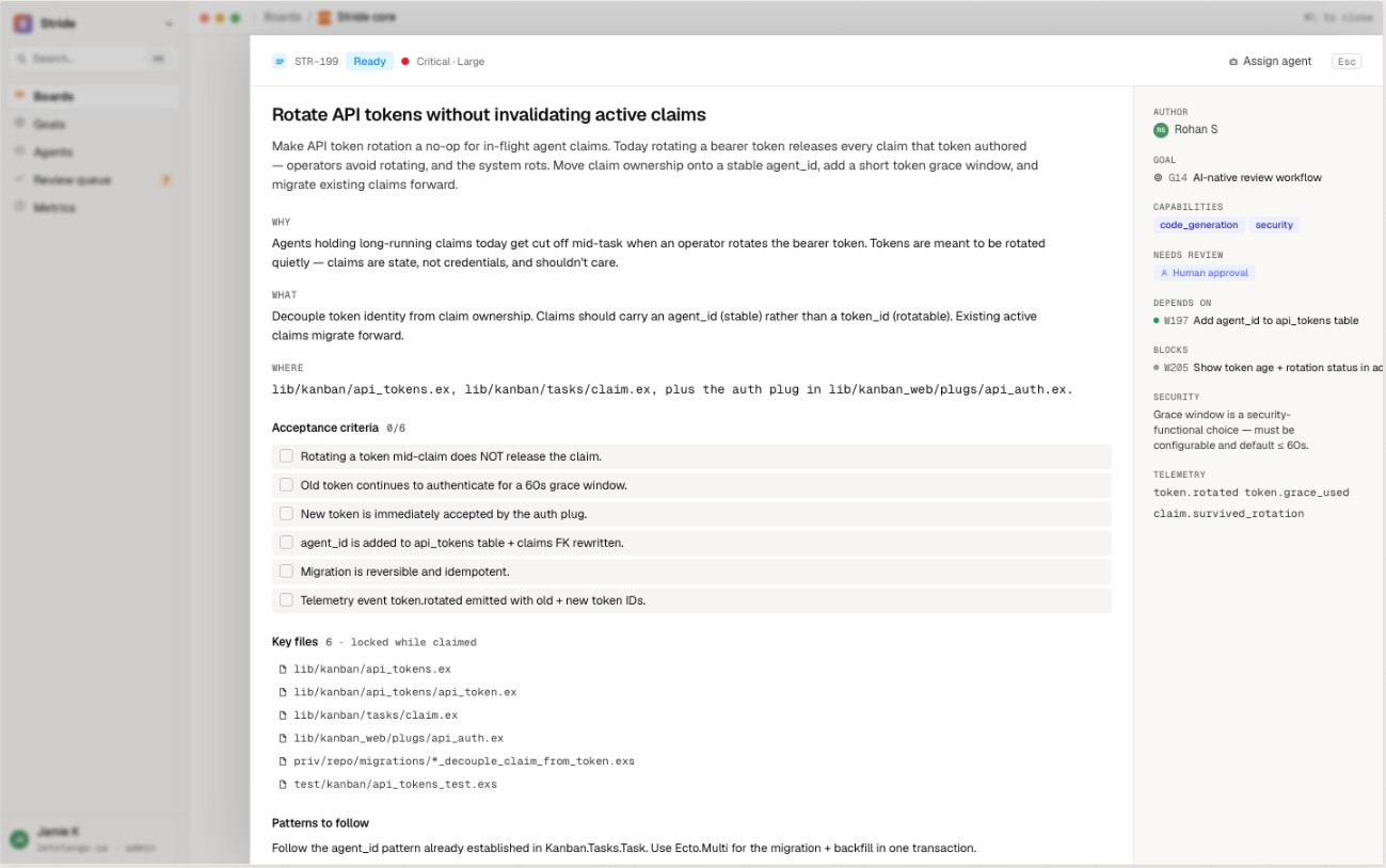 Stride task detail showing the why, what, acceptance criteria, key files, and hooks fields